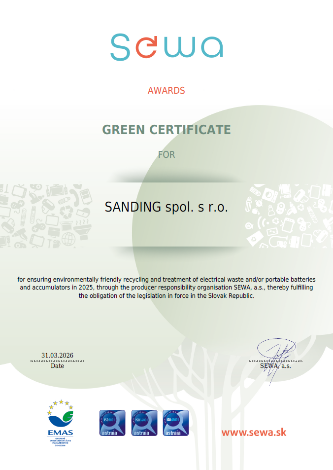 sewa zelený certifikát pre spoločnosť SANDING